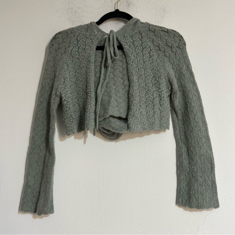 Free People Pearl Beaded Pointelle Cropped Tie Hooded Cardigan Fairy Whimsical